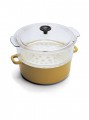 Chasseur 4 quart red enamel cast iron steamer with a tempered glass colander and a tempered glass lid 